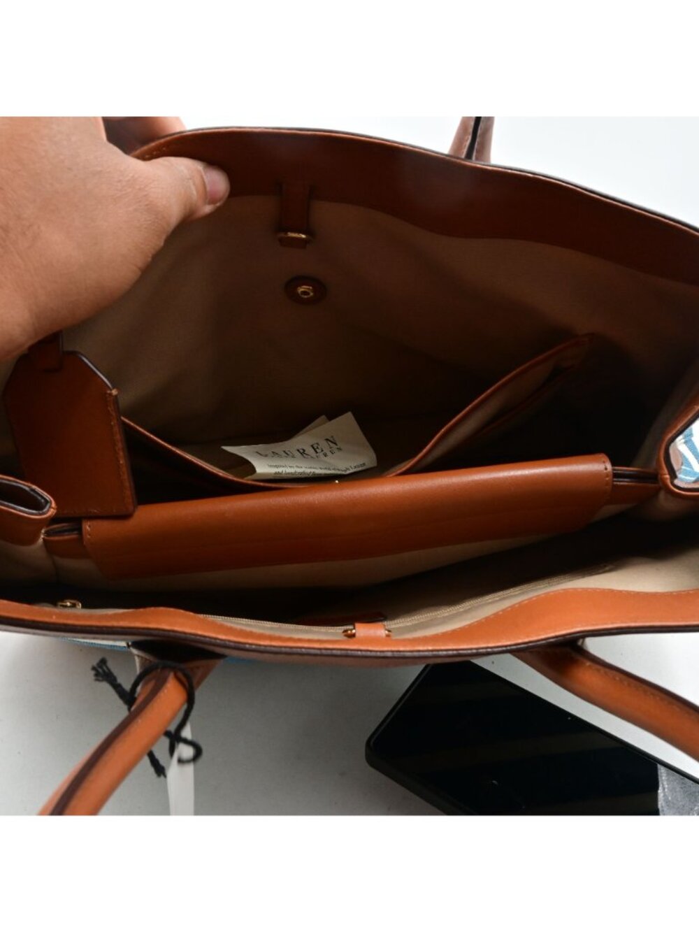 Lauren Ralph Lauren Fairfield City Striped Canvas Tote Bag Tan Leather Trim - Picture 9 of 16